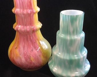 Murano (?) Glass Vase-Budvase Pair/Cased Glass/Spatter Glass/End of Day/Pink+Yellow+Green/Blown Glass? Pressed Glass? 2 Piece SET/Vintage