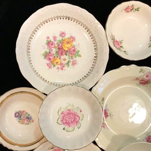 Pink Floral Bowls/Mismatched/7 Dessert Bowls/5 Soup Bowls/Ceramic China Dinnerware/Large 8” & Small 5”/Vintage/12 Piece SET