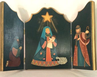 Christmas Nativity Christian Art Painting Triptych Plaque/Madonna & Baby Jesus Shrine/Religious Manger/HP Folding Wood Screen/Large/Vintage