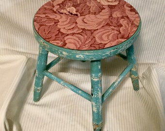 Wood Stool-Cricket-Bench-Chair-Plant Stand-Side Table/Blue Paint & Pink Linoleum/Primitive Country Folk Art/Small-Round/Child-Adult/Vintage