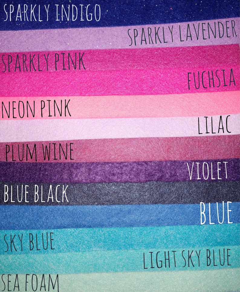 May include: A swatch card showing ten different shades of felt fabric. The colors are: Sparkly Indigo, Sparkly Lavender, Sparkly Pink, Fuchsia, Neon Pink, Lilac, Plum Wine, Violet, Blue Black, Blue, Sky Blue, Light Sky Blue, and Sea Foam.