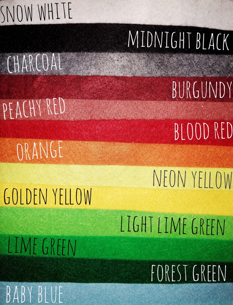 May include: A color chart with 12 different colors of felt fabric. The colors are: snow white, midnight black, charcoal, burgundy, peachy red, blood red, orange, neon yellow, golden yellow, light lime green, lime green, forest green, and baby blue.