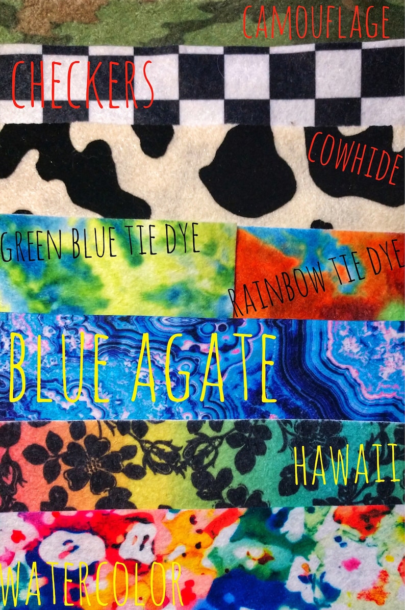 May include: A collection of fabric swatches with different patterns and colors, including camouflage, checkers, cowhide, tie dye, blue agate, floral, and watercolor.