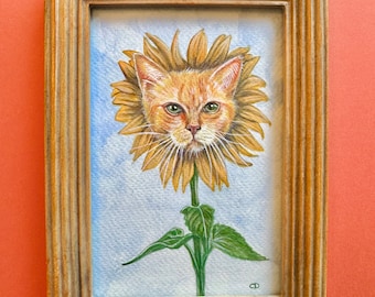 Sunflower Tabby original watercolor framed painting