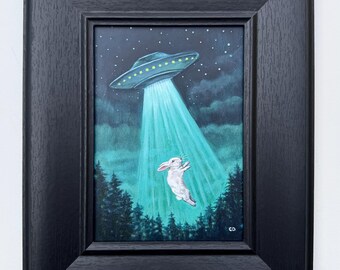 Bunny Abduction original framed painting