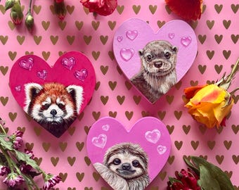 Cute Animals Painted Wooden Valentine Hearts