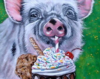 May include: A white pig with black spots is drinking a chocolate milkshake with whipped cream, sprinkles, a cherry, and a chocolate chip cookie. The pig is looking at the camera with a happy expression.