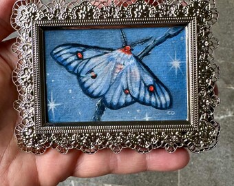 Ghostly Silk Moth original painting in ornate frame