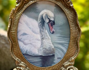 Swan in the Mist original framed oil painting