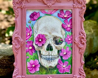 Skull with Pink Cosmos original framed painting