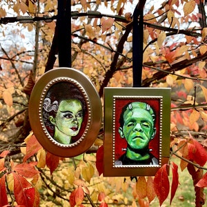 Frankenstein und Braut mini gerahmte Originalgemälde