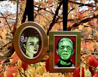 Frankenstein y la novia mini pinturas originales enmarcadas