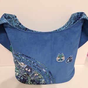 Big blue corduroy tote bag with cats