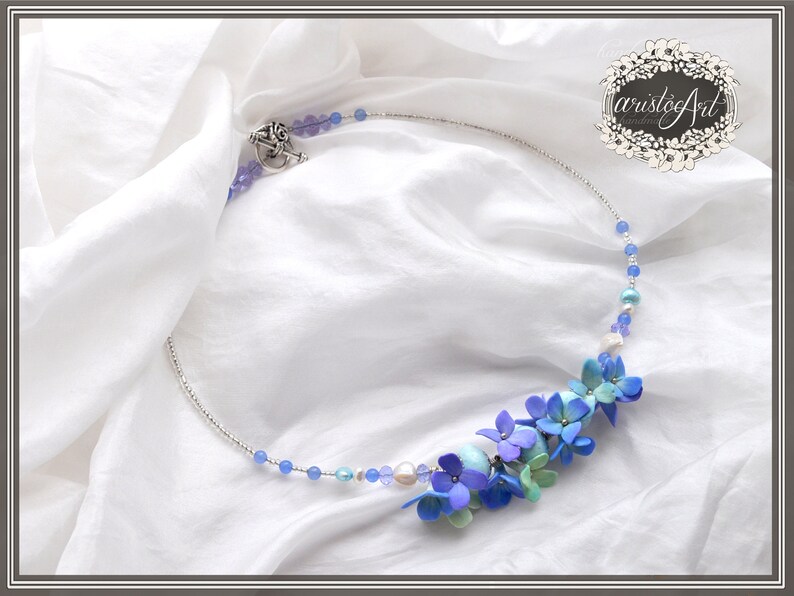 Polymer Clay Spring Hortensia Flowers. Handmade JEWLERY Turquoise and light purple pastel COLORS Romantic Floral Bead Necklace