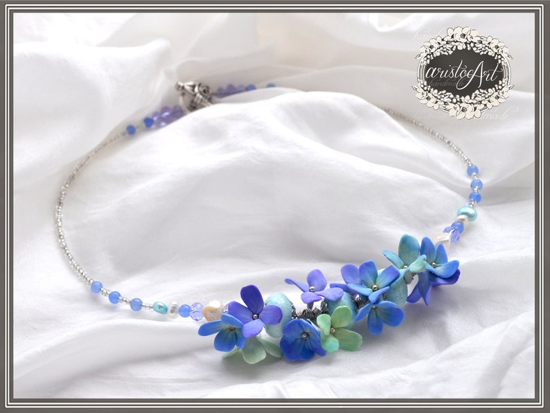 Polymer Clay Spring Hortensia Flowers. Handmade JEWLERY Turquoise and light purple pastel COLORS Romantic Floral Bead Necklace