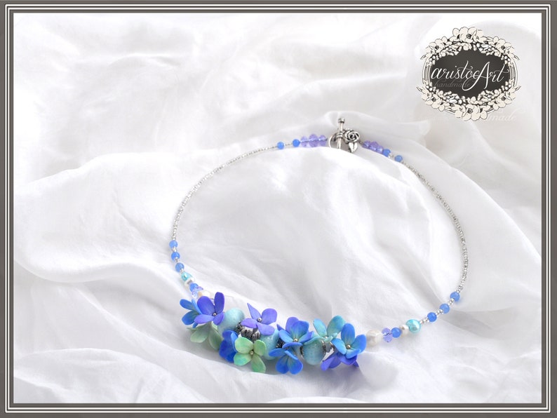 Polymer Clay Spring Hortensia Flowers. Handmade JEWLERY Turquoise and light purple pastel COLORS Romantic Floral Bead Necklace