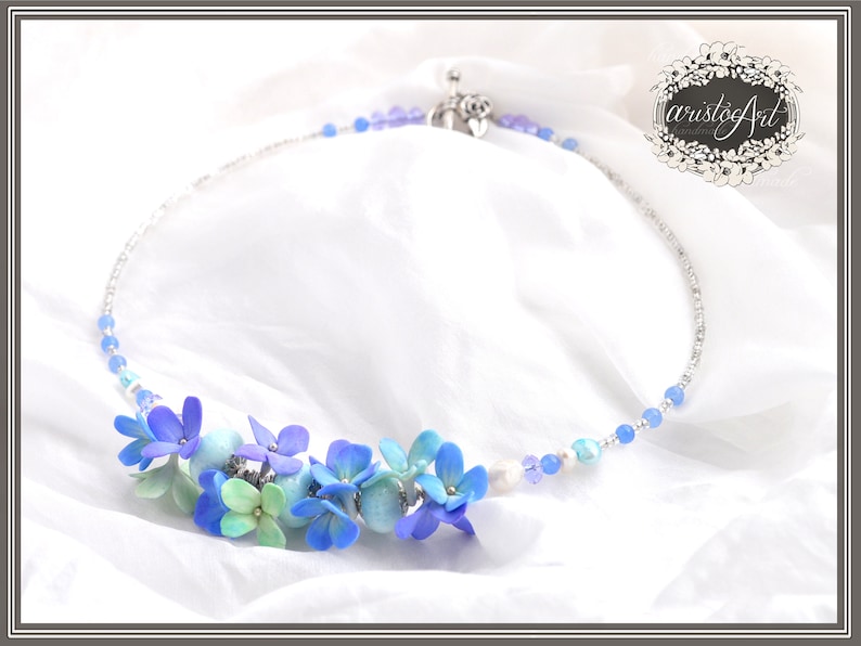 Polymer Clay Spring Hortensia Flowers. Handmade JEWLERY Turquoise and light purple pastel COLORS Romantic Floral Bead Necklace