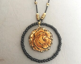 Handmade jewelry, gold-red rose resin pendant necklace, floral jewelry designs, unique gift for women, free shipping