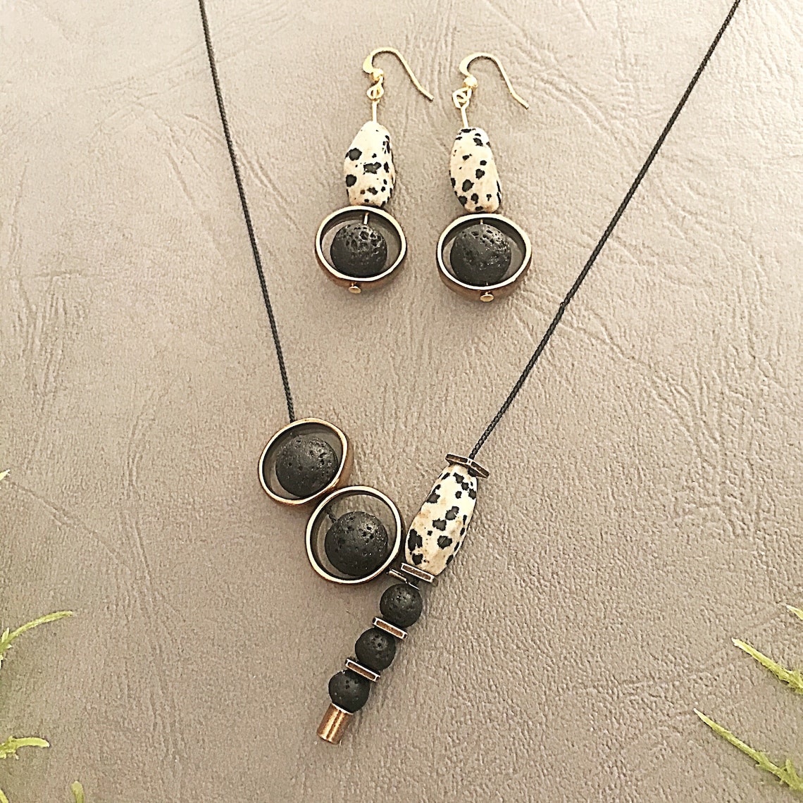 Jewelry Set, Handmade Necklace and Matching Earrings, Black and White