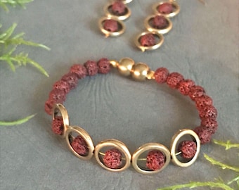 Handmade jewelry, Bracelet and Earrings set, dark red (burgundy) lava stones, beautiful gift for her, free shipping