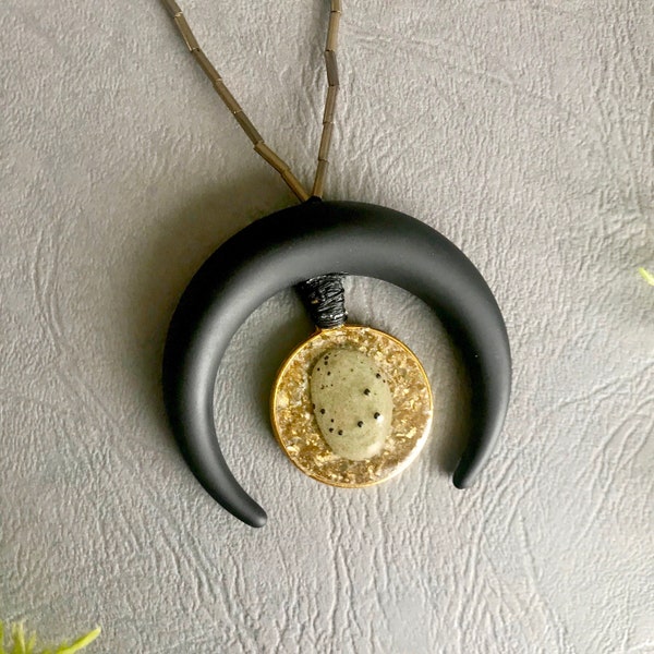 50% SALE! Necklace, handmade unique jewelry, black half-moon with a resin rock and sand necklace, gift for her, jewelry accessories