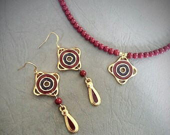 Handmade jewellery set, necklace and drop earrings, red jewellery, gift for her, birthday present, free shipping