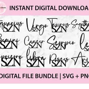 Sternzeichen SZN Bundle, SVG, PNG Digitale Dateien | Schnittdatei, Druckdatei, Cricut, Laser Cut, Glowforge, Cake Toppers, Decals, 12 Sternzeichen Dateien