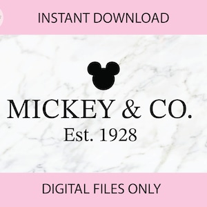 May include: Black and white digital download graphic with a Mickey Mouse silhouette and the text "MICKEY & CO. Est. 1928" on a white marble background. The text "INSTANT DOWNLOAD" and "DIGITAL FILES ONLY" are in pink at the top and bottom of the graphic.