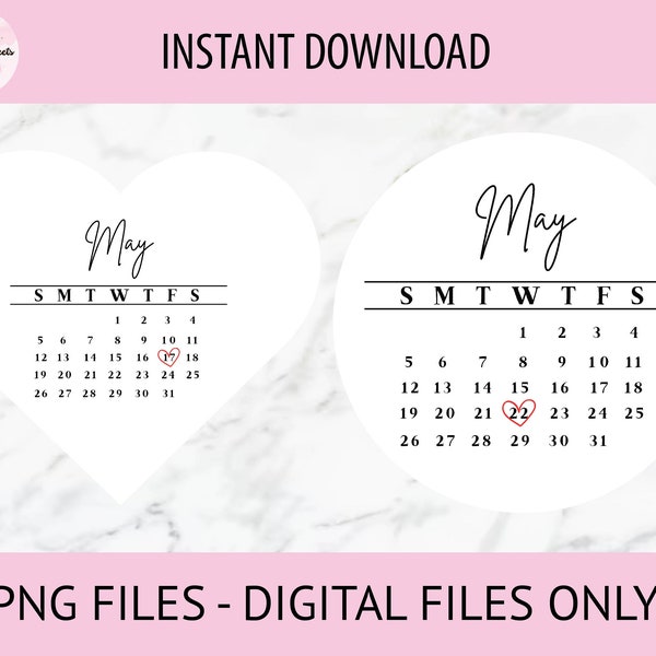 May 2024 Calendar PNG, Instant Download For CRICUT, Burn Away Cakes and Edible Prints | Heart and Round Shape Bundle, Adjustable Dates