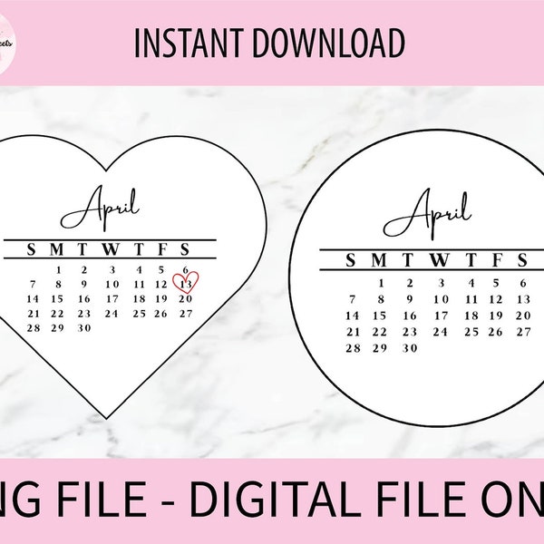 April 2024 Calendar PNG, Instant Download For CRICUT,  Burn Away Cakes and Edible Prints | Heart and Round Shape Bundle, Adjustable Dates