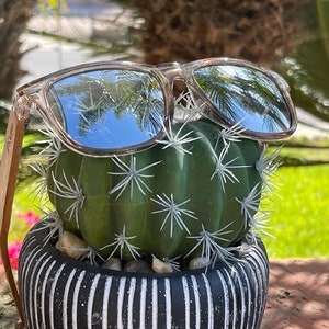 Silver mirror polarized lenses, zebra wood arms, polarized, Canyon White Rock