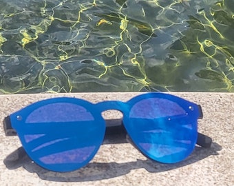 Canyon Blue Cypress, handmade ebony arms, blue polarized mirror lenses.