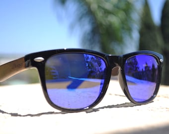 Ebony wood arm sunglasses, polarized, blue mirror lenses, Canyon Blue Rock