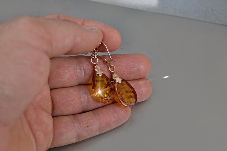 585 Gold Earrings 14 KT Russian Amber Rose Gold Earrings 14 KT Rose Gold Earrings Natural Amber Gold Earrings Russian Gold Earrings