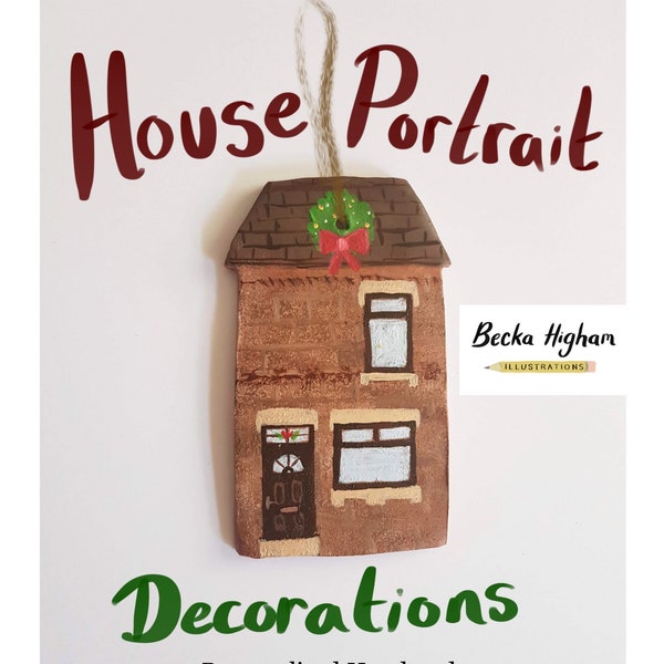 Huisportretdecoratie | Gepersonaliseerde 2024 ornament | Thuiscadeau | Op maat gemaakt ornament | Handgemaakt keramiek | Becka Higham-illustraties
