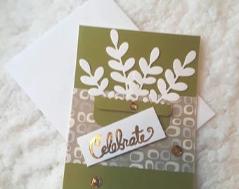 4x6 Green and Gold Blank Flourishing Celebrate Note Card
