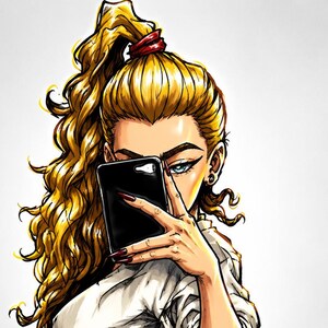 Puede incluir: Una ilustración digital de una persona con cabello rubio largo en una coleta alta, vistiendo una camisa blanca atada al frente y leggings negros. La persona sostiene un teléfono inteligente negro frente a su rostro, ocultándolo, mientras posa.