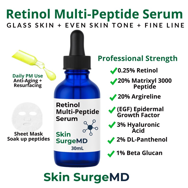 May include: A blue bottle of Retinol Multi-Peptide Serum with a black dropper. The label includes the text "Skin SurgeMD" and "30mL". Additional text includes "Glass Skin + Even Skin Tone + Fine Line" and a list of ingredients.