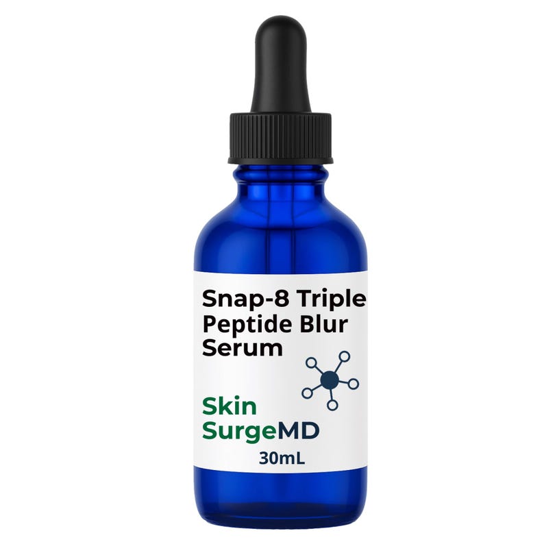 May include: A cobalt blue glass bottle with a black dropper cap containing 30mL of Snap-8 Triple Peptide Blur Serum by Skin SurgeMD. The white label features black text, a dark green brand name, and a small dark blue molecular structure icon.