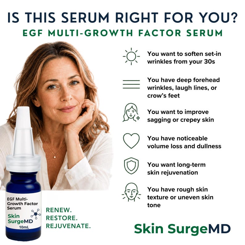 May include: A blue 10mL bottle of Skin SurgeMD EGF Multi-Growth Factor Serum with a white cap. The label features the product name and the text RENEW. RESTORE. REJUVENATE. The image includes a list of skin concerns and the title IS THIS SERUM RIGHT FOR YOU?