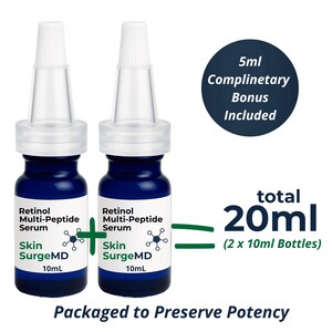 May include: Two dark blue bottles of Skin SurgeMD Retinol Multi-Peptide Serum, each containing 10mL. A complimentary 5ml bonus is included. The total volume is 20ml. The bottles are packaged to preserve potency.