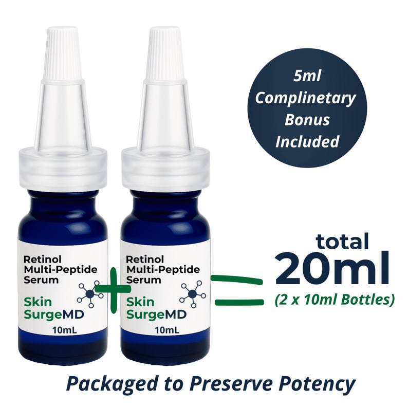 May include: Two dark blue bottles of Skin SurgeMD Retinol Multi-Peptide Serum, each containing 10mL. A complimentary 5ml bonus is included. The total volume is 20ml. The bottles are packaged to preserve potency.