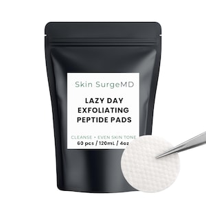 May include: Black pouch with the text "Skin SurgeMD LAZY DAY EXFOLIATING PEPTIDE PADS". The label also reads "CLEANSE + EVEN SKIN TONE" and "60 pcs / 120ml / 4oz". A white exfoliating pad is held by tweezers.