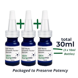 May include: Three small blue glass bottles of EGF Multi-Growth Factor Serum by Skin SurgeMD, each with a white dropper cap. The labels state 10mL. Text indicates a total of 30mL from three 10mL bottles and states Packaged to Preserve Potency.