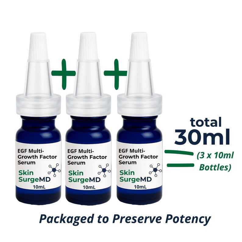 May include: Three small blue glass bottles of EGF Multi-Growth Factor Serum by Skin SurgeMD, each with a white dropper cap. The labels state 10mL. Text indicates a total of 30mL from three 10mL bottles and states Packaged to Preserve Potency.