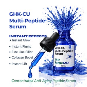 May include: A blue bottle of GHK-CU Multi-Peptide Serum with a dropper, and a splash effect. The label reads "Skin SurgeMD" and "30mL". Text on the image lists "Instant Effects" including "Instant Glow" and "Instant Lift".