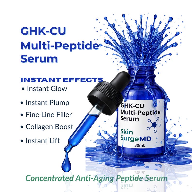 May include: A blue bottle of GHK-CU Multi-Peptide Serum with a dropper, and a splash effect. The label reads "Skin SurgeMD" and "30mL". Text on the image lists "Instant Effects" including "Instant Glow" and "Instant Lift".