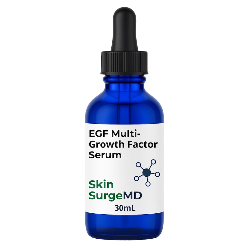 May include: A cobalt blue glass dropper bottle containing 30mL of EGF Multi-Growth Factor Serum by Skin SurgeMD. The bottle features a black dropper cap and a white label with black and green text, including a small dark blue molecular icon.