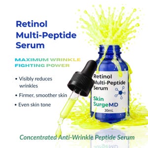 May include: A blue bottle of Retinol Multi-Peptide Serum with a black dropper. The label reads "Skin SurgeMD" and "30mL". The image also includes text that says "Maximum Wrinkle Fighting Power" and "Concentrated Anti-Wrinkle Peptide Serum".