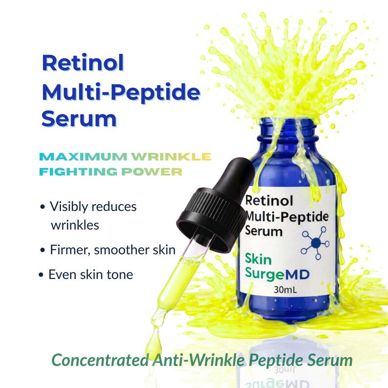 May include: A blue bottle of Retinol Multi-Peptide Serum with a black dropper. The label reads "Skin SurgeMD" and "30mL". The image also includes text that says "Maximum Wrinkle Fighting Power" and "Concentrated Anti-Wrinkle Peptide Serum".
